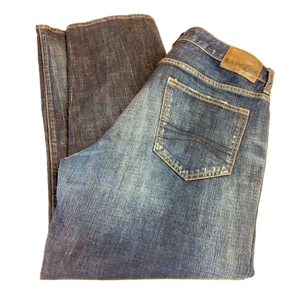Men's Express Blake Denim Jeans Loose Fit Straight Dark Wash - Picture 9 of 16